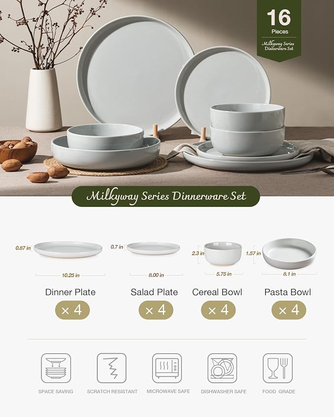 Famiware Milkyway 16-Piece Stoneware Plates and Bowls, Light Gray | Dinnerware