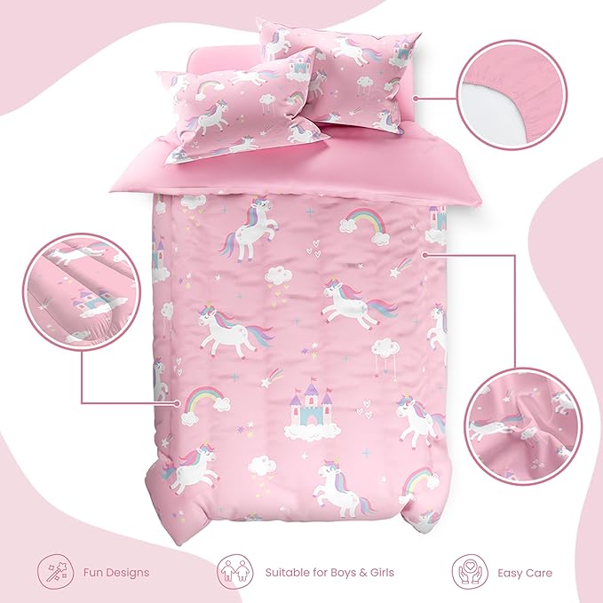 SANDJEST Unicorn Comforter Set Full Size 98x86in for Kids Girls, Microfiber 4 Pcs Bedding Set Includes 1 Comforter, 2 Pillowcases, 1 Fitted Sheet, Nursery Room Decor