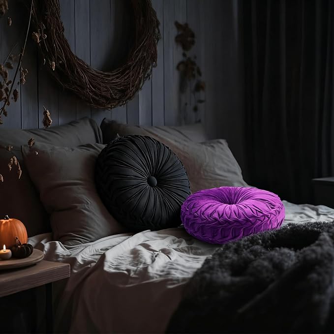 2 Pcs Round Throw Pillows 15 Inch Decorative Velvet Pleated Pumpkin Floor Boho Pillows for Living Room Couch Chair Bed Sofa (Black and Purple)