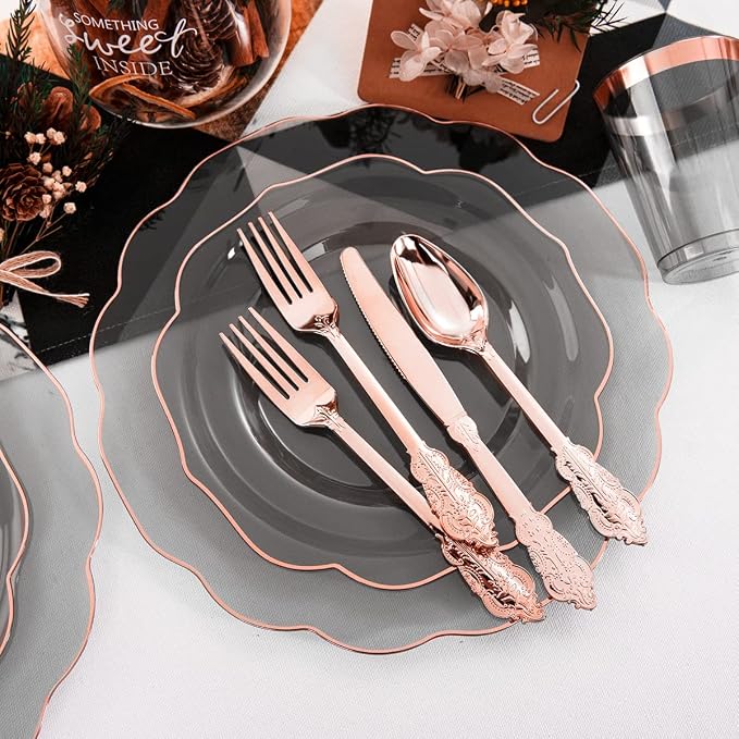 BUCLA 30Guests Clear Black Plastic Plates