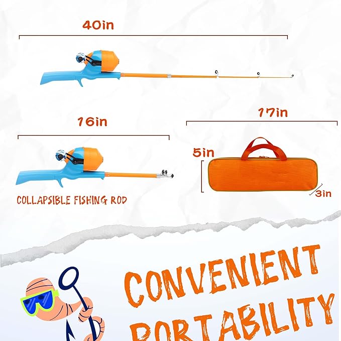 Kids Fishing Pole, Telescopic Fishing Rod, Toddler Collapsible Fishing Rod and Reel Combo with Tackle Box, Fishing Line, Bobber, and Soft Lures for Boy, Girl, Youth, Beginner, Over 4 Years Old