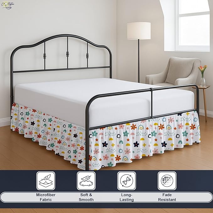 Cottington Lane Ruffled Bed Skirt Queen Size with Split Corner, Brushed Microfiber Hotel Quality Dust Ruffle, 14 Inch Drop Gathered Bedskirt, Soft, Stylish, Shrink & Fade Resistant, Rainbow Splash