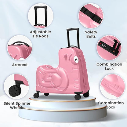 Kids Ride-on Luggage with Spinner Wheels Suitcase, Kid's Ride-On Suitcase Help Your Child Relax, Carry On Trolley Luggage with Password Lock (Pink, 22 inches)