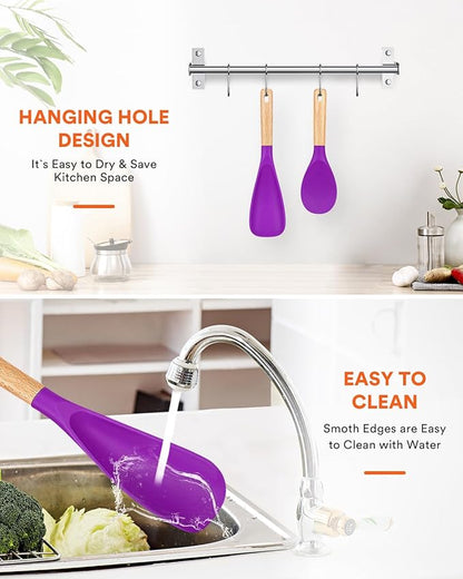 Cooking Spoon and Rice Scooper for Nonstick Cookwares, Great for Cooking and Serving Sturdy BPA-Free Matte Silicone, Wood Handle Spoon for Mixing, Scoop, and Scrape (BERRY)