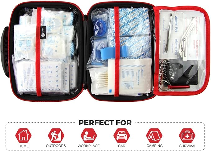 Compact First Aid Kit (228pcs) Designed for Family Emergency Care. Waterproof EVA Case and Bag is Ideal for The Car, Home, Boat, School, Camping, Hiking, Office, Sports. Protect Your Loved Ones. Red