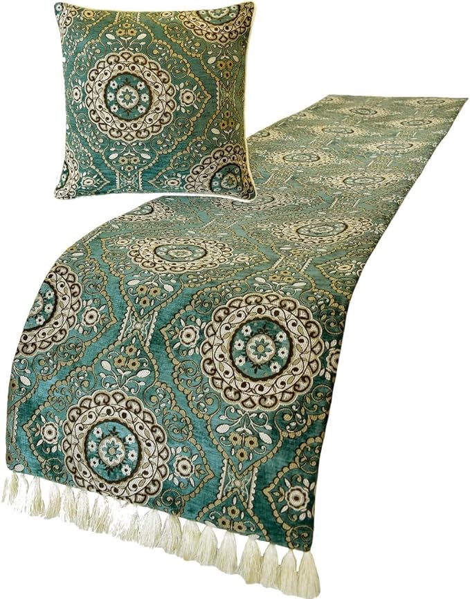 The HomeCentric King/Queen/Twin Teal Decorative King 90"x18" Bed Runner with 2 Pillow Cover, Art Deco, Floral, Tassels & Velvet Bed Scarf on Velvet Fabric - Ahmet