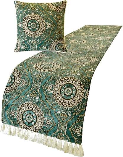 The HomeCentric King/Queen/Twin Teal Decorative Twin 53"x18" Bed Runner with 2 Pillow Cover, Art Deco, Floral, Tassels & Velvet Bed Scarf on Velvet Fabric - Ahmet
