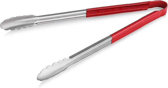 New Star Foodservice 35827 16-Inch Utility Spring Tongs, Stainless Steel, Vinyl Coated, Set of 12, Red