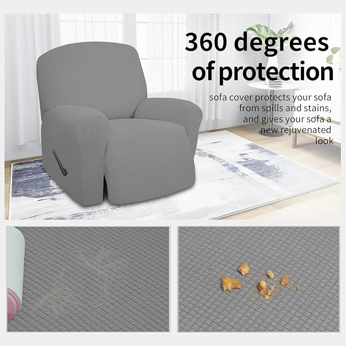 Easy-Going 4 Pieces Oversized Recliner Stretch Sofa Slipcover Sofa Cover Furniture Protector Couch Soft with Elastic Bottom,Polyester Spandex Jacquard Fabric Small Checks Light Gray