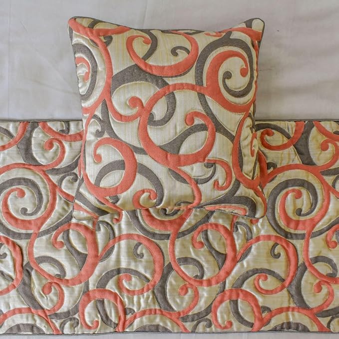 The HomeCentric King/Queen/Twin Orange Designer Twin 53"x18" Bed Runner with One Pillow Cover, Scroll, Jacquard & Quilted Bed Scarf on Jacquard Fabric - Scroll Cascade