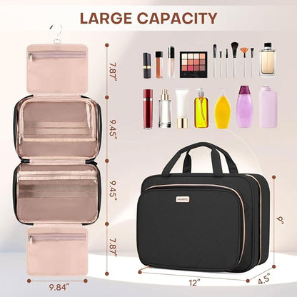8L Travel Toiletry Bag with Jewelry Organizer for Women - 2.1 GAL Water-resistant Makeup Cosmetic Bag With Hanging Hook for Accessories Shampoo Full-size Container, Black