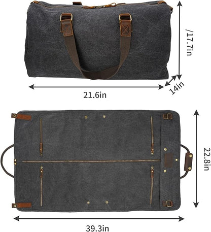 2 in 1 Canvas Leather Suit Luggage Garment Bag with Shoulder Strap for Travel and Business Trips (Black)