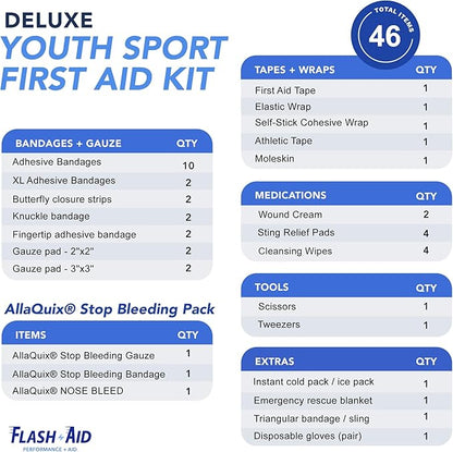 First Aid Kit for Youth Sports (Deluxe Kit) with AllaQuix Stop Bleeding Gauze