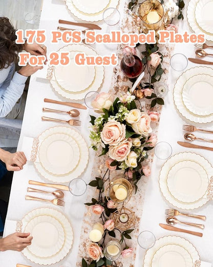 YOUBET 175PCS Ivory Scalloped Plastic Plates