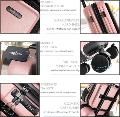 22 Inch Carry On Luggage 22x14x9 Airline Approved, Carry On Suitcase with Wheels, Hard-shell Carry-on Luggage, Durable Luggage Carry-On, Pink Small Suitcase with Cosmetic Case