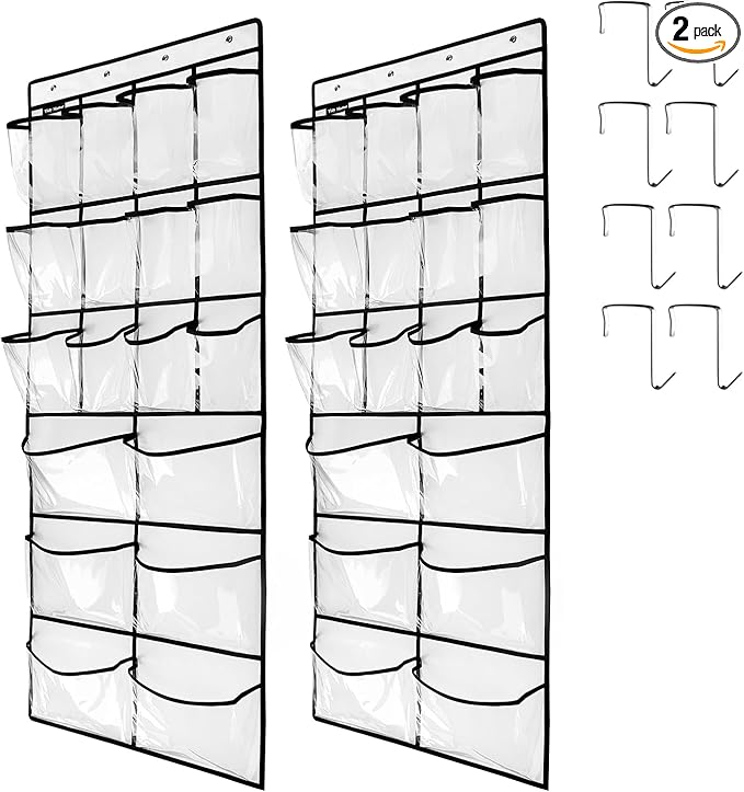 2 Pack Extra Large Hanging Crystal Clear Over Door Shoe Organizers, Closet Shoe Rack Organizer, 12+6 Pockets, 8 Hooks, White (59" x 21.6")