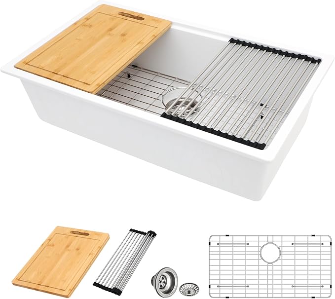 30 White Granite Composite Kitchen Sink - Donsdey 30 Inch White Kitchen Sink Undermount Ledge Workstation Granite Quartz Composite Under Counter Single Bowl Sink Basin