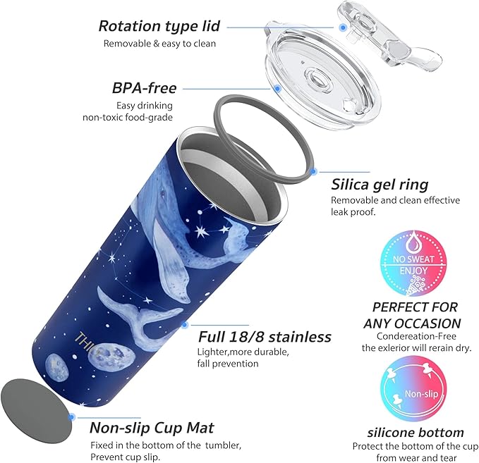 THILY Stainless Steel Vacuum Insulated Tumbler 26 oz Triple-Insulated Travel Mug with Splash-Proof Lid, Reusable, for Iced Water and Hot Beverage, Fantasy Whale