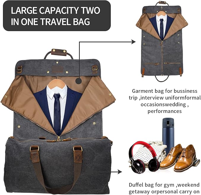 2 in 1 Canvas Leather Suit Luggage Garment Bag with Shoulder Strap for Travel and Business Trips (Black)