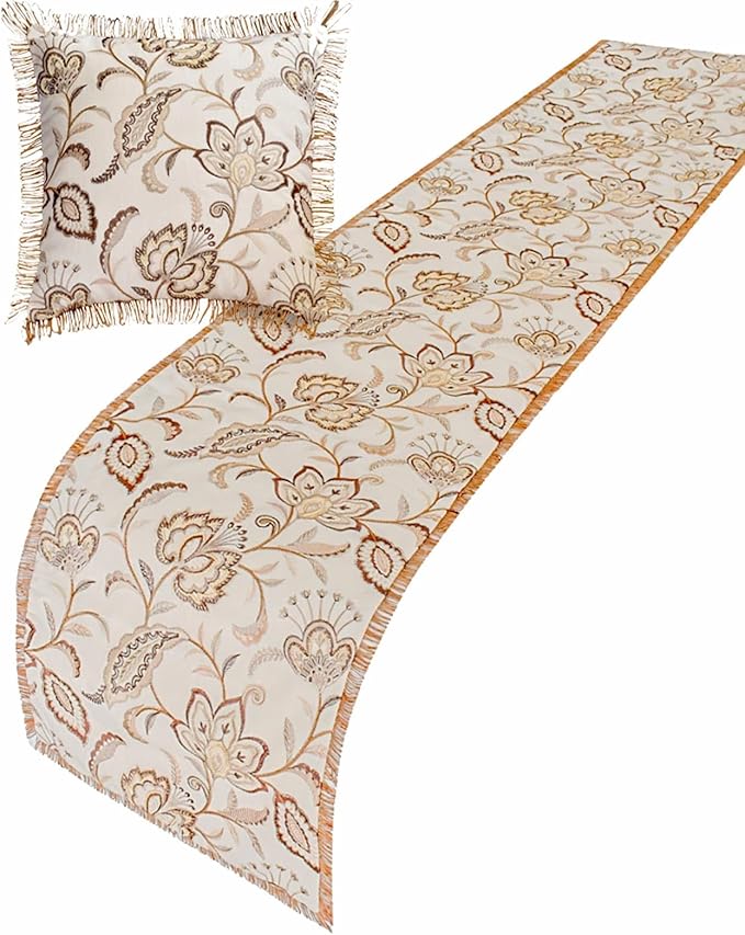 The HomeCentric King/Queen/Twin Beige Decorative Bed Runner Queen 74"x18" Bed Runner Without Pillow Cover, Floral, Pearl, Jute Lace, Embroidery Bed Scarf on Cotton Fabric - Floral Luster