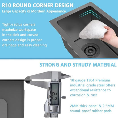 10 inch Bar Sink Undermount, 10x18 inch Small Bar Sink Gunmetal Black Undermount Small Kitchen Sinks 18 Gauge Single Bowl Wet Bar Sinks with Basket Strainer Drain
