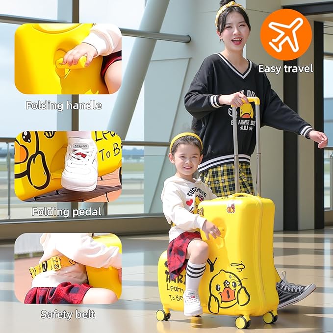 Kids' Lightweight Ride on Luggage with Spinner Wheels & Foldabe Design (Yellow Study, 24"+ Aged 3-12 Toddler)