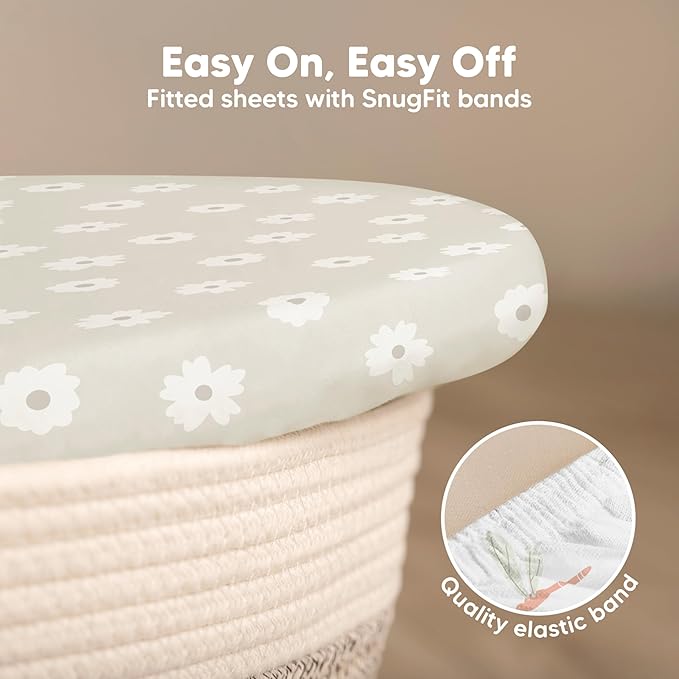 2-Pack Baby Bassinet Sheets Girl, Boy - 33x17 Viscose Derived from Bamboo Bedside Mattress Fitted Bassinet Sheets, Compatible with Halo Bassinest Swivel Sleeper, Baby Delight, Graco (Meadow)