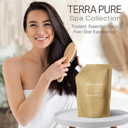 Terra Pure Spa Collection 1 Liter Shampoo Refill Bag For Soap Dispensers | Bulk Toiletries for Vacation Rentals, and Home Bathroom Showers | Green Tea Lemongrass | Single