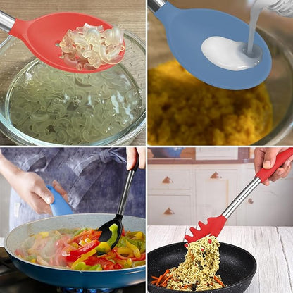 Silicone Spatula and Cooking Spoon,5 Pack Solid & Slotted Spoons and Spatulas High Heat resitant for Kitchen, Stainless Steel Handle Coated with Silicone, Non Stick Utensil, Starry blue