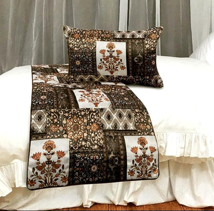 The HomeCentric King/Queen/Twin Brown Decorative Full 68"x18" Bed Runner with Pillow Cover Quilted Bed Scarf on Satin Fabric - Parisa