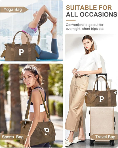 Birthday Graduation Gifts for Daughter,Initial Travel Duffel Bag Sports Gym Bag for Girls Teen Kids Birthday Gifts,Personalized Weekender Bag Carry On Tote Bags Cute Overnight Bag for Women(Brown, P)