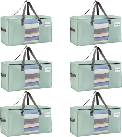 VENO 6 Pack Moving Bags, Comforter and Blanket Storage Bags for Closet, Moving Boxes, Boxes with Lids Alternative, College Dorm Packing Supplies, Foldable Heavy-Duty Tote (Light Green Matte, 6 Pack)