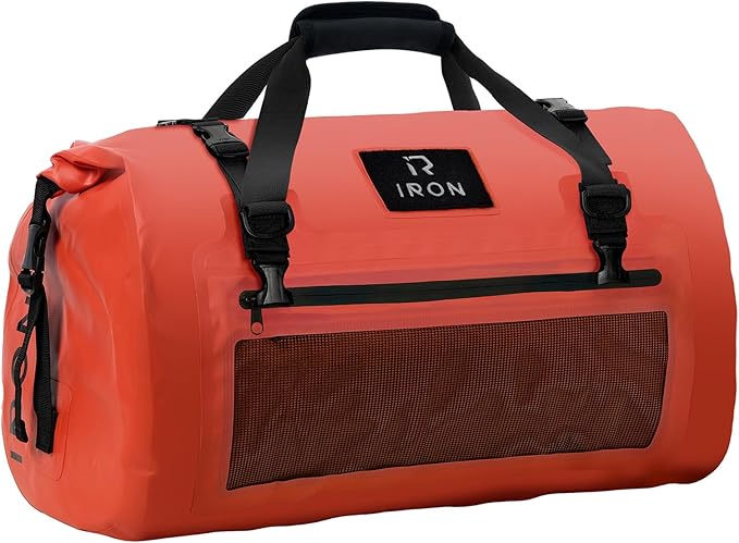 IRON JIA'S Motorcycle Dry Bag - Waterproof Duffle & Luggage Tail Bag Saddle Bags with Roll Top Closure, Shoulder Straps, Inner Pocket and Mesh Pocket (Orange, 50L)