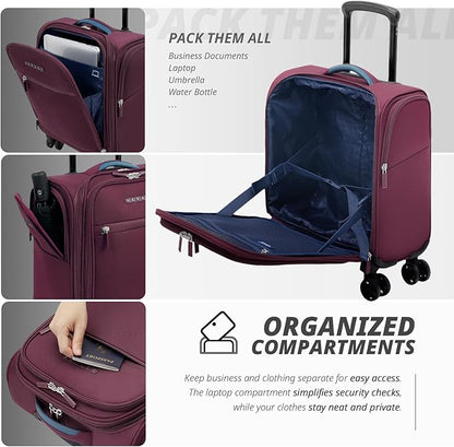Verage Under Seat Luggage with Wheels，Softside Small Suitcase Spinner Carry On Luggage Bags for Airlines Airplanes Short Trip Men Women (Grape red, 14-Inch Underseat)