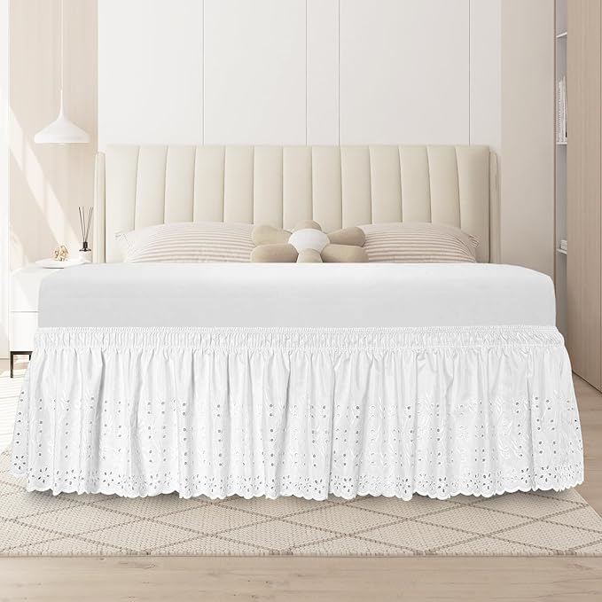Full Bed Skirt, Wrap-Around Elastic Ruffled Eyelet Bed Skirt Full Size Dust Ruffle with Gathered Styling and Embroidered Details, 14" Drop Length (White)