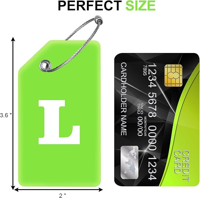 8 Pcs Luggage Tags for Suitcases, 26 Initial Letter Travel Luggage Baggage Identification Labels ID Tags Fully Bendable Tags with Stainless Steel Loop (Letter L, Green)