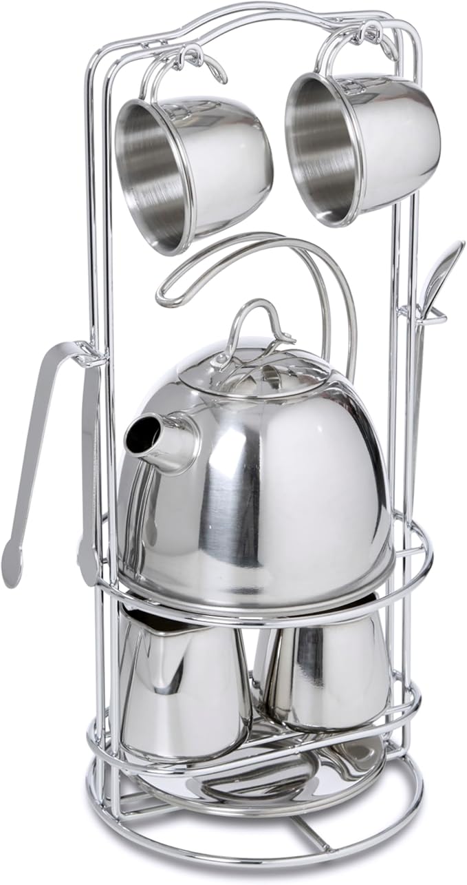 Melissa & Doug Stainless Steel Pretend Play Tea Set and Storage Rack