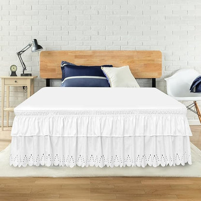 King Bed Skirt, Double-Layered Ruffled Eyelet Bed Skirt, Wrap-Around Elastic Dust Ruffle King Size with Gathered Styling and Embroidered Details, 18" Drop Length (White)
