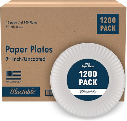 Bluetable 9 Inch Paper Plates Bulk – 1200 Count - Uncoated White 9” Dinner Plate Pizza Plate Decorative Craft Paper Plates Disposable Plates [1200 Pack/Case]