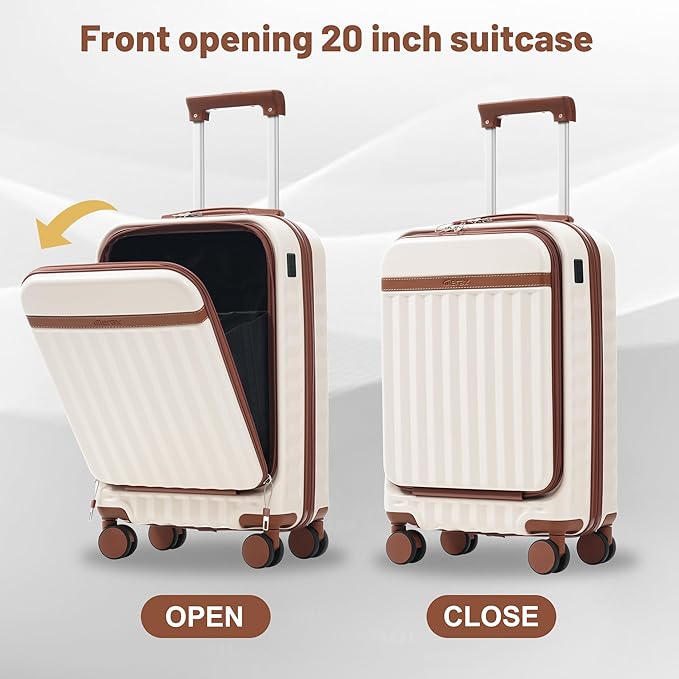 Merax Luggage Sets Front Opening, 2 Piece Hardshell Suitcase with Spinner Wheels and Bags,Lightweight Carry on Luggage with USB Port,20+24,White and Brown