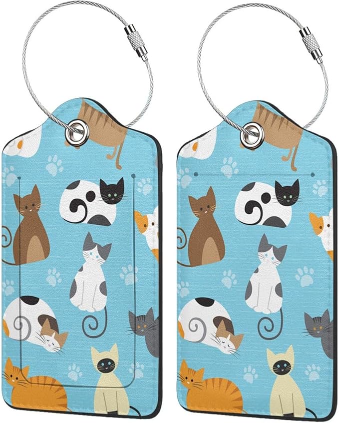 2 Pcs Cute Cat Luggage Tag for Suitcase, Animal Cat Party Decorations Supplies Gift Women Men Boy Girl, Steel Loop with Privacy Cover ID Label