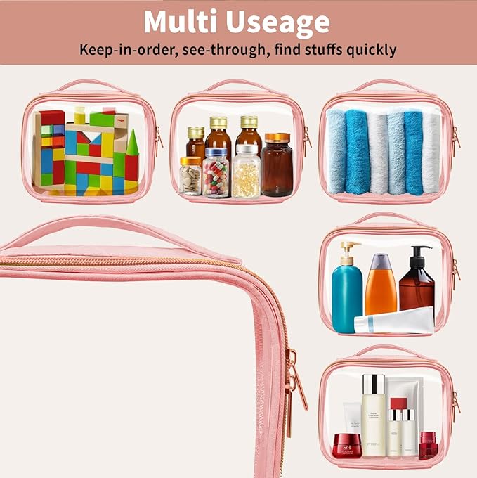 TSA Approved Travel Toiletry Bag,2 Pack Clear Makeup Bags with Handles,Quart Size Clear Cosmetic Bags for Traveling Women,Men,Carry on Airport Airline Compliant Bag,Pink