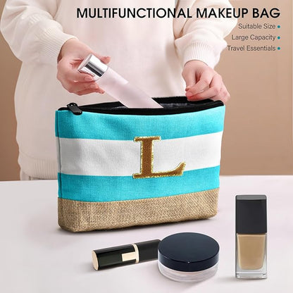 Becokan Beach Bag Initial Beach Tote with Makeup Bag for Travel Work Storage Personalized Birthday Gifts for Women Her
