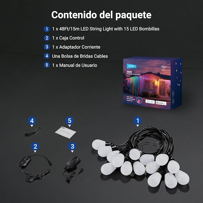 NEEWER 48ft Outdoor String Lights, App Control Smart AI RGBW Hanging Outside