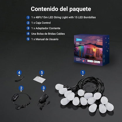 NEEWER 48ft Outdoor String Lights, App Control Smart AI RGBW Hanging Outside