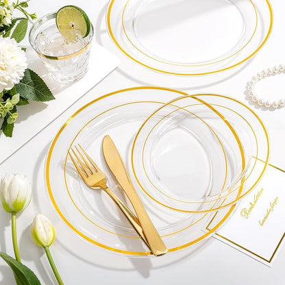 bUCLA 600PCS Clear Plates with Gold Trim