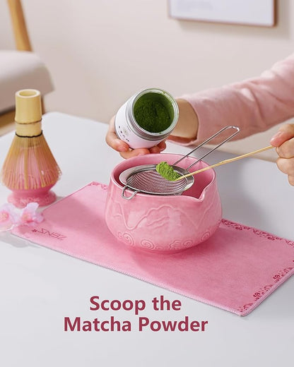 ZENS Matcha Whisk Set, 6pcs Matcha Set Pink Includes 15oz Ceramic Bowl and Bamboo Whisk (Chasen Holder) Scoop, 304 Sifter & Pink Tea Mat, Japanesse Matcha Kit for Matcha Latte-Making
