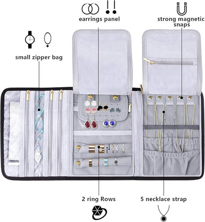 Teamoy Velvet Travel Jewelry Roll, Jewelry Storage Bag Organizer for Necklaces, Earrings, Bracelets, Rings, Brooches and More, Compact and Easy to Carry (Large, Velvet- Black)