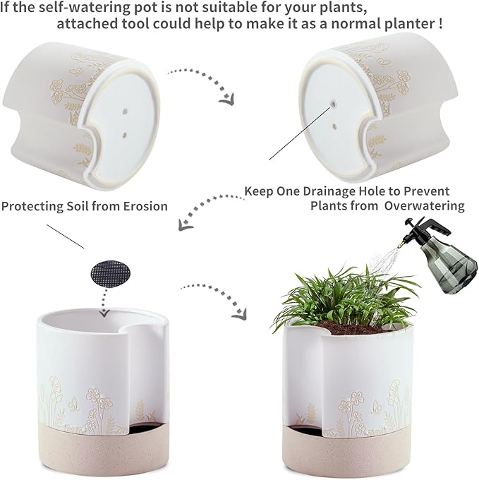 Nihow Self Watering Plant Pot: 8 Inch Ceramic Planter