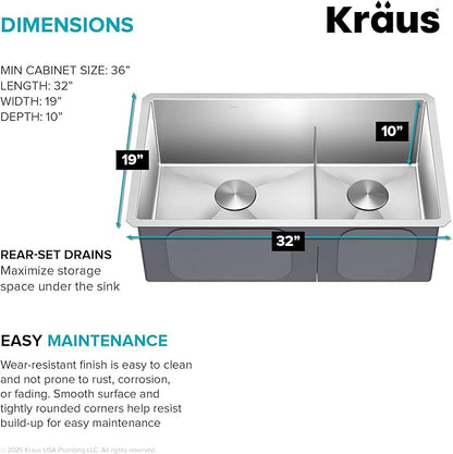Kraus Kitchen Sinks Undermount - 32 Inch Stainless Steel Kitchen Sink, 60/40 Double Bowl, 16 Gauge, Model KHU103-32